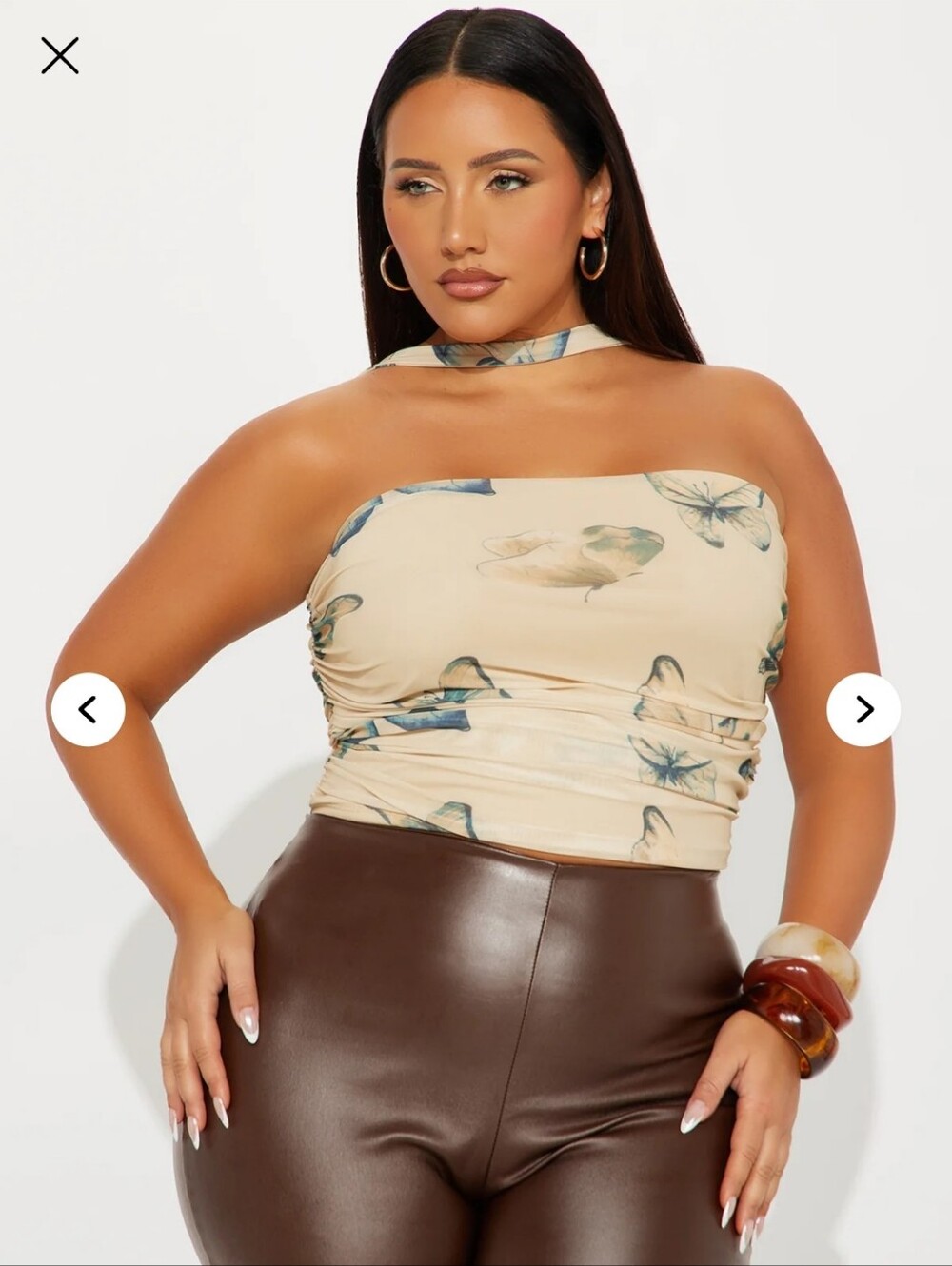 Fashion Nova Beige Floral Strapless Crop Top with Blue Accents